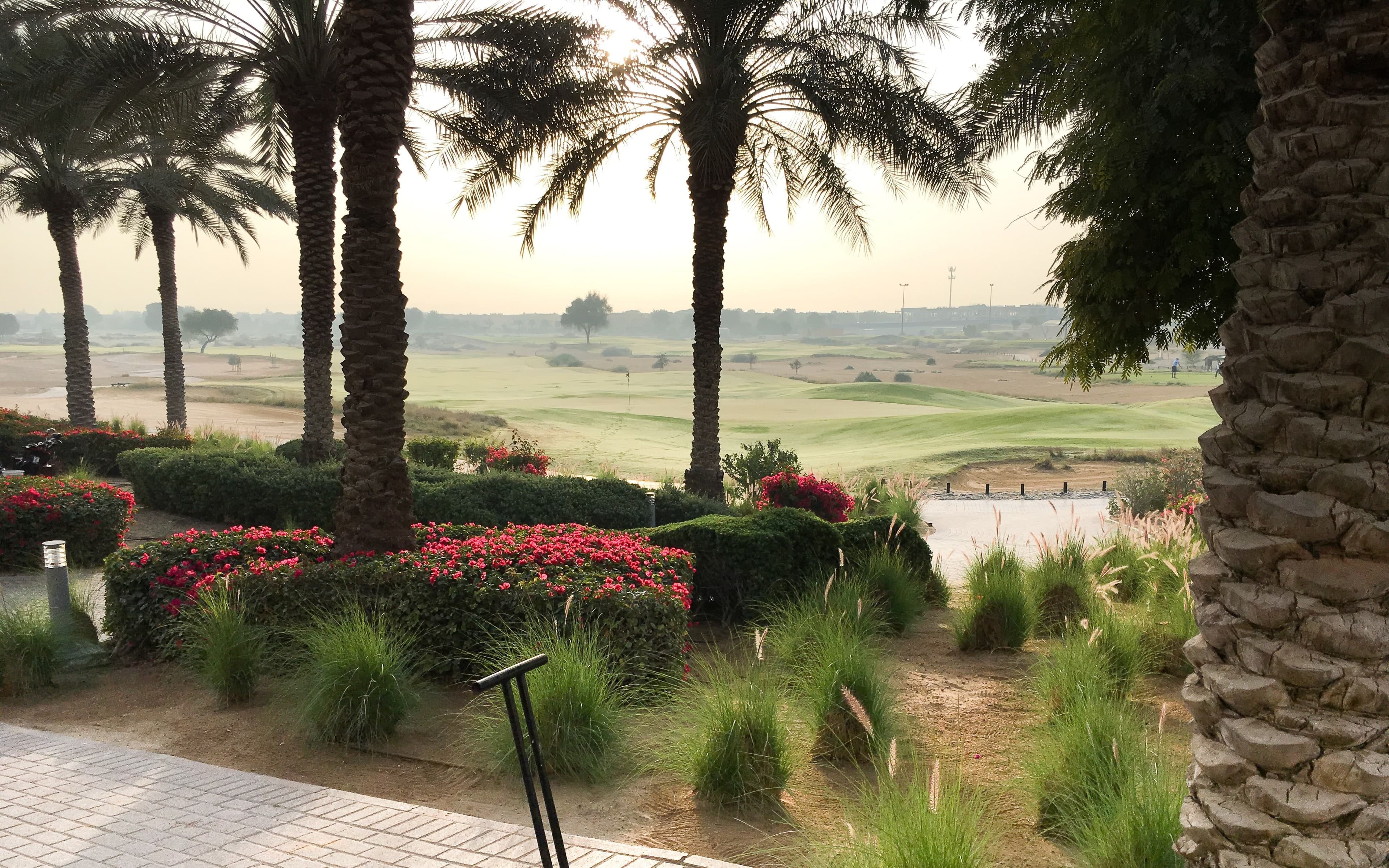 Morning view through palm trees and flower beds across the fairways and greens of the Arabian Ranches Golf Club